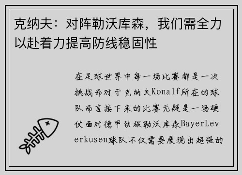 克纳夫：对阵勒沃库森，我们需全力以赴着力提高防线稳固性